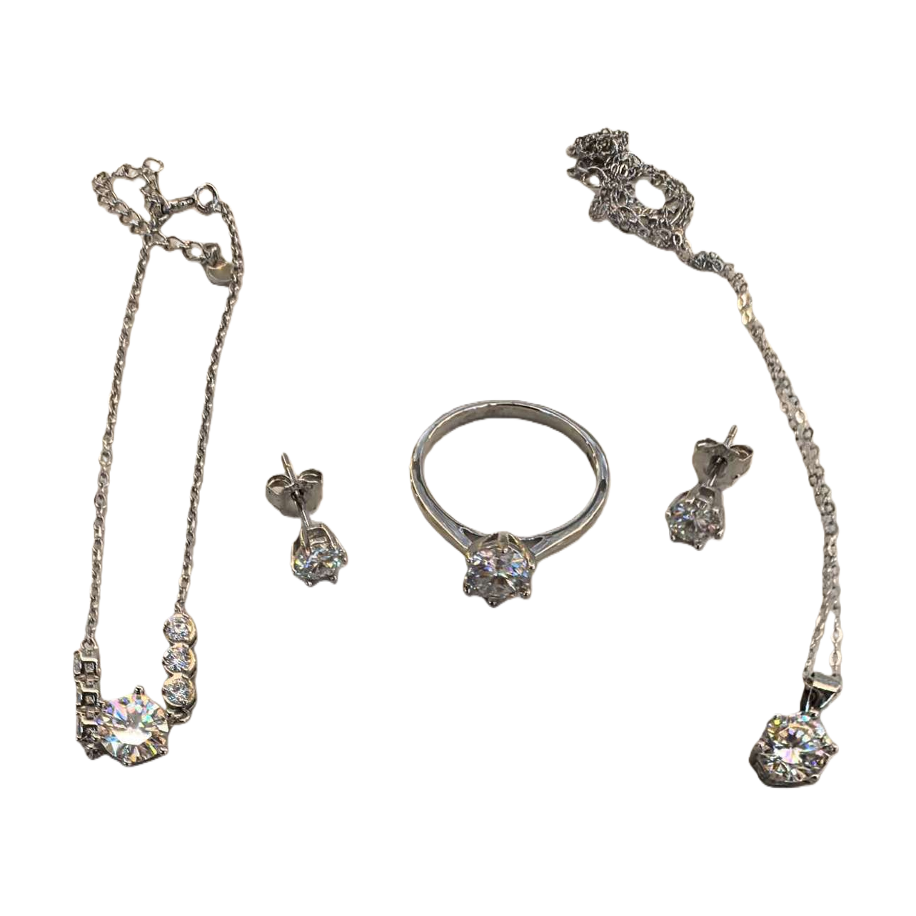 All-silver Moissan diamond jewelry set for women, simple and fashionable four-piece set of stud earrings, necklace, ring and bracelet Item Picture