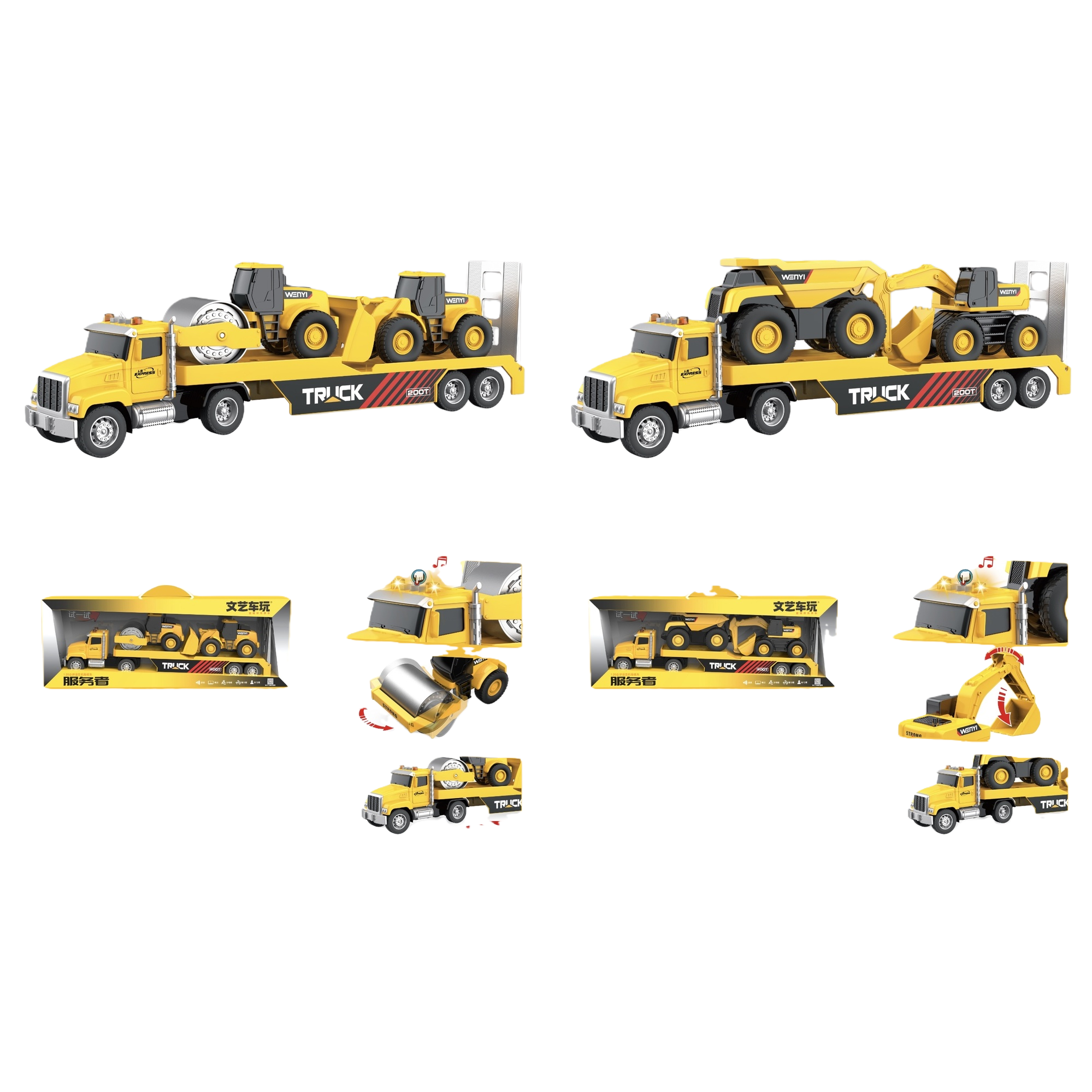 Yellow engineering vehicle toy set includes trailer trucks, rollers, excavators and construction machinery Item Picture