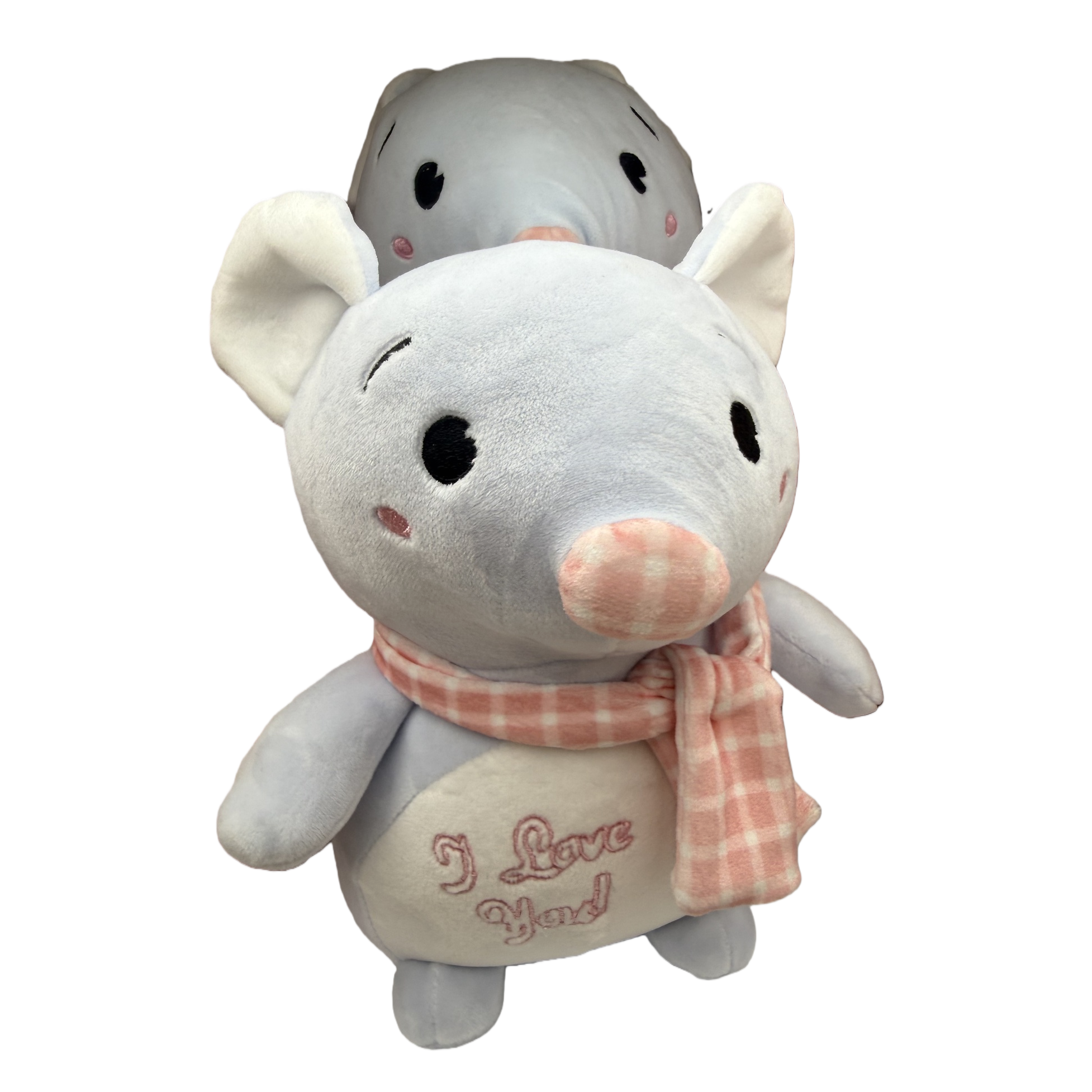 A light blue plush toy wearing a pink and white checkered scarf with the word "Love" printed on its belly Item Picture
