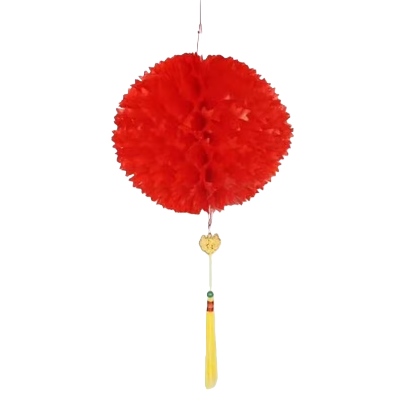 红色纸花球装饰品白底实物图