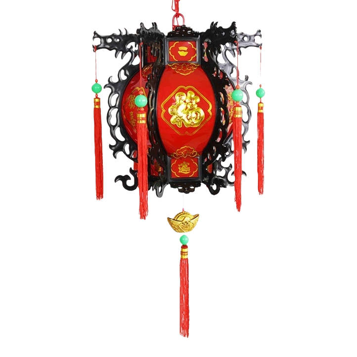 Red antique-style lanterns, black lacquer carved frames, golden "Fu" characters, copper coins for decoration, red tassels and green beads as embellishments Item Picture