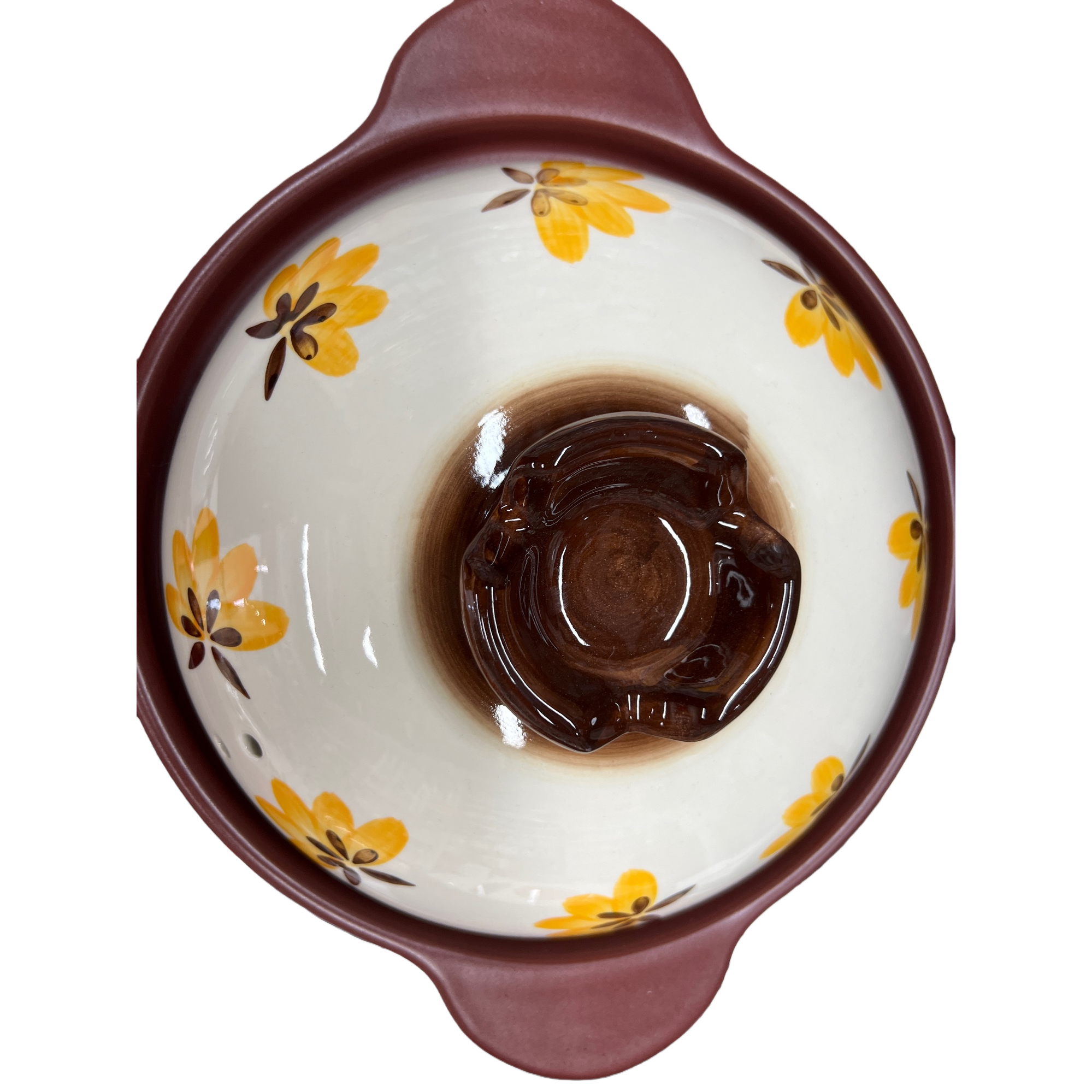 A brown ceramic clay pot with a yellow floral pattern and a small brown bowl protruding in the center Item Picture