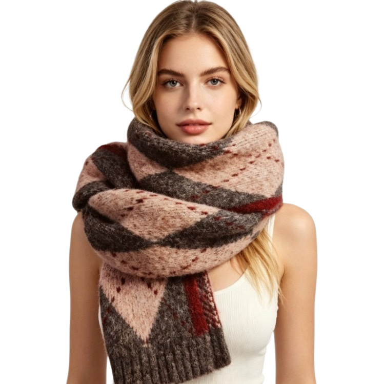 A colorful striped woolen scarf with a model's real photo for a warm autumn and winter knitted scarf Item Picture