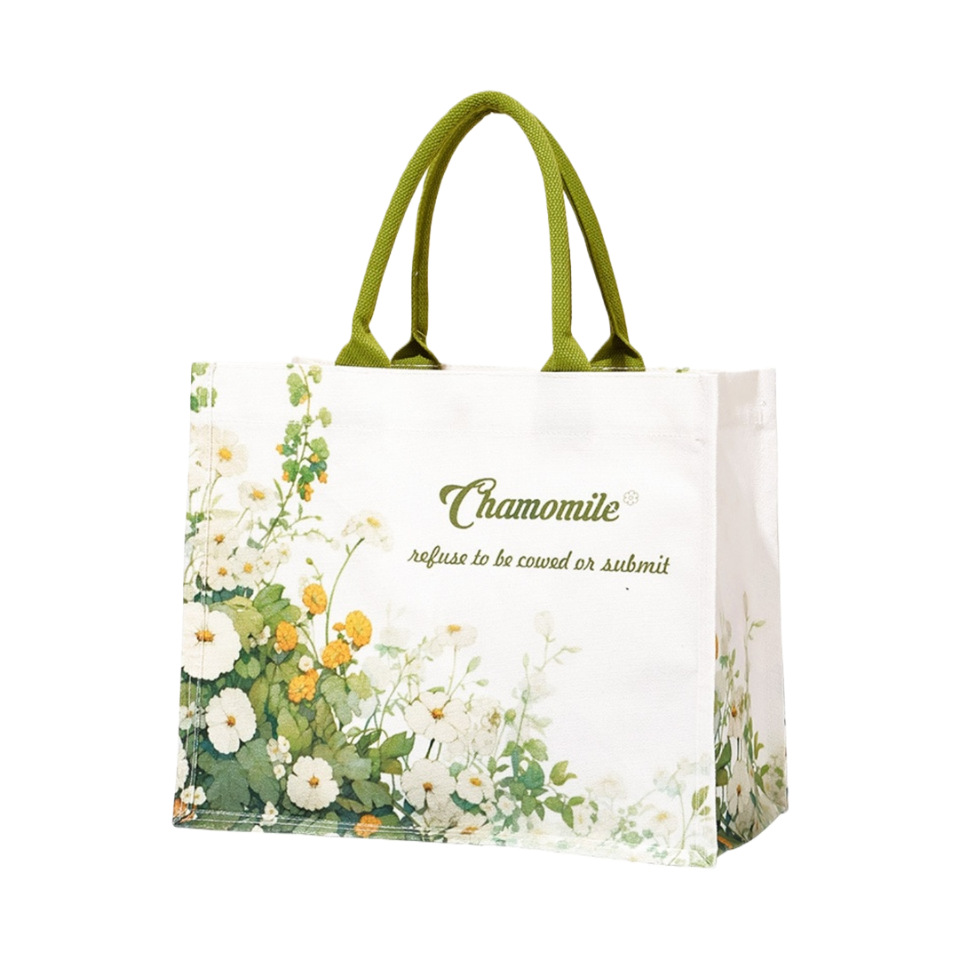 Bolsa de lona con asas verdes blanco naranja flores hojas verdes patrón Chamomile eslogan inglés Item Picture