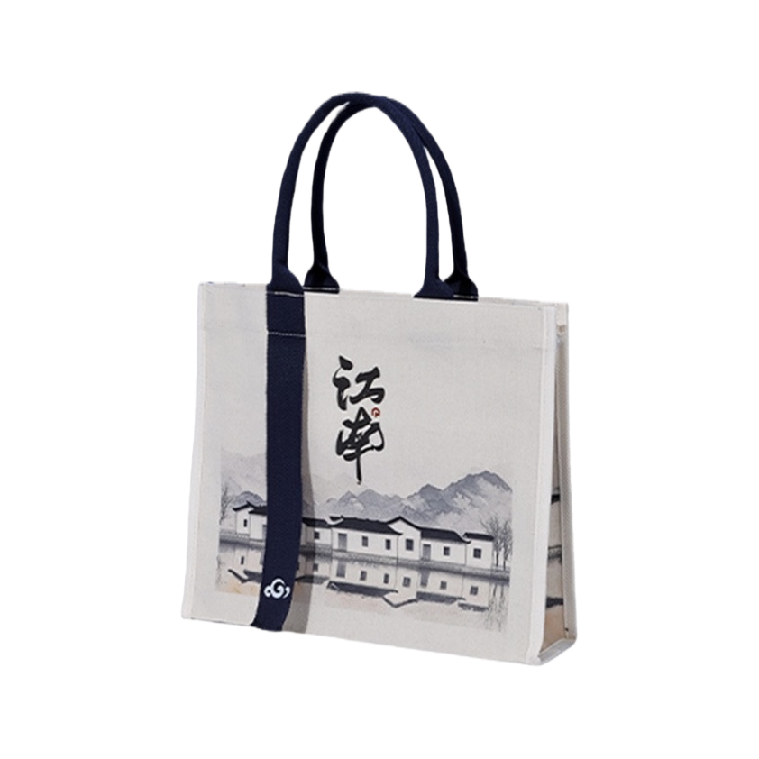 Ink-wash painting style Jiangnan calligraphy canvas handbag, white wall, black tile reflection, deep blue handle, three-dimensional shape Item Picture