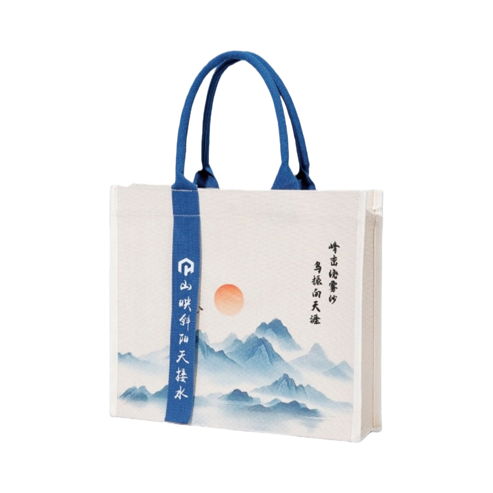 Ink-wash landscape painting canvas handbag, blue handle, white body, vertical blue ribbon, mountains reflected in the slanting sun, sky meeting water, peaks encircled by mist, birds fluttering towards the horizon, orange sun and mountain shadows Item Picture
