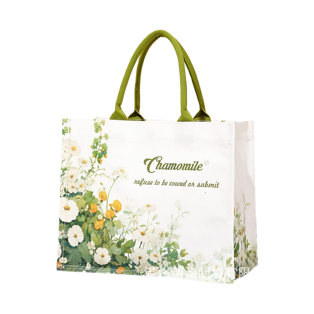 Green handle, white floral pattern canvas bag, large-capacity shopping bag, environmentally friendly and reusable Item Picture