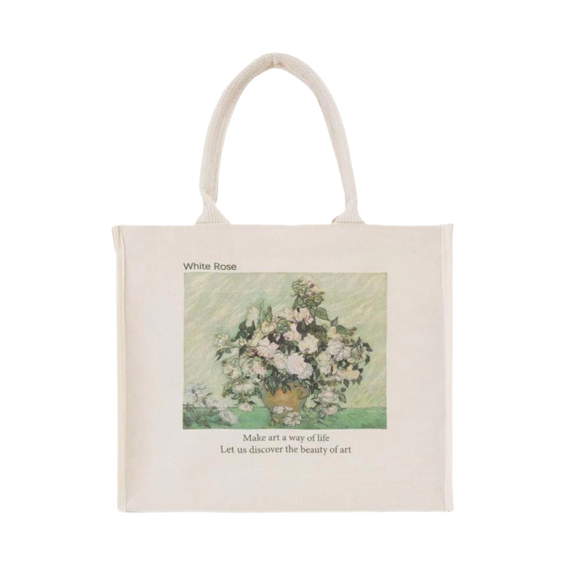 Off white canvas tote bag white rose óleo patrón simple arte bolso de hombro Item Picture
