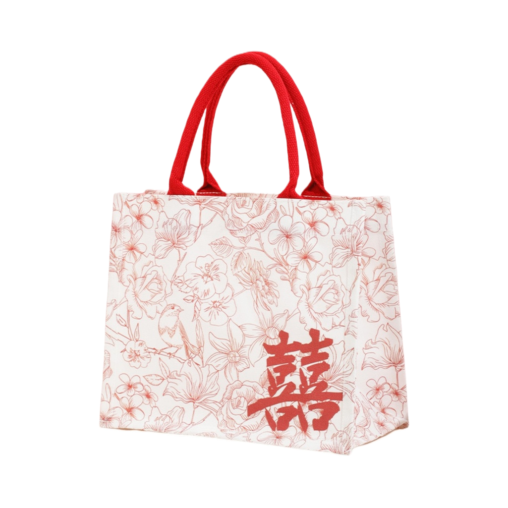 The red handle canvas bag is printed with a pattern of red flowers, birds and double happiness characters on its body Item Picture