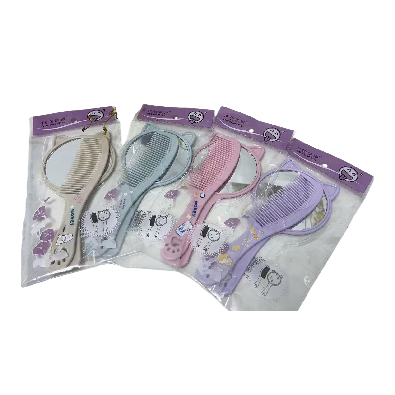 Colorful cat ear comb and mirror set, sweet and girlish style portable makeup mirror and comb set Item Picture