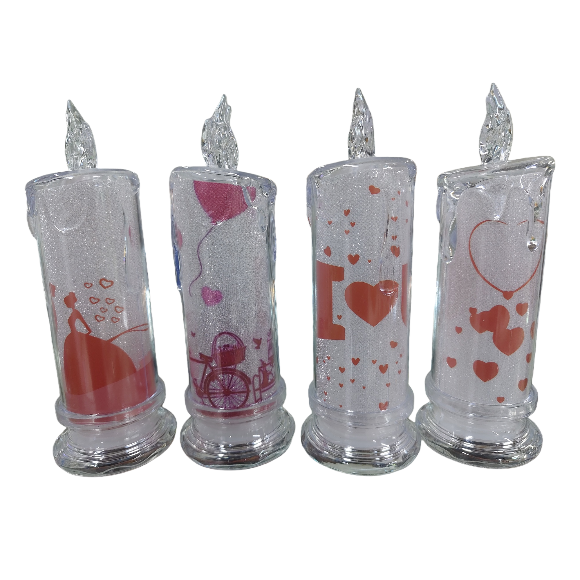 Transparent candle-shaped decorative item with red heart-shaped pattern design for home decoration Item Picture