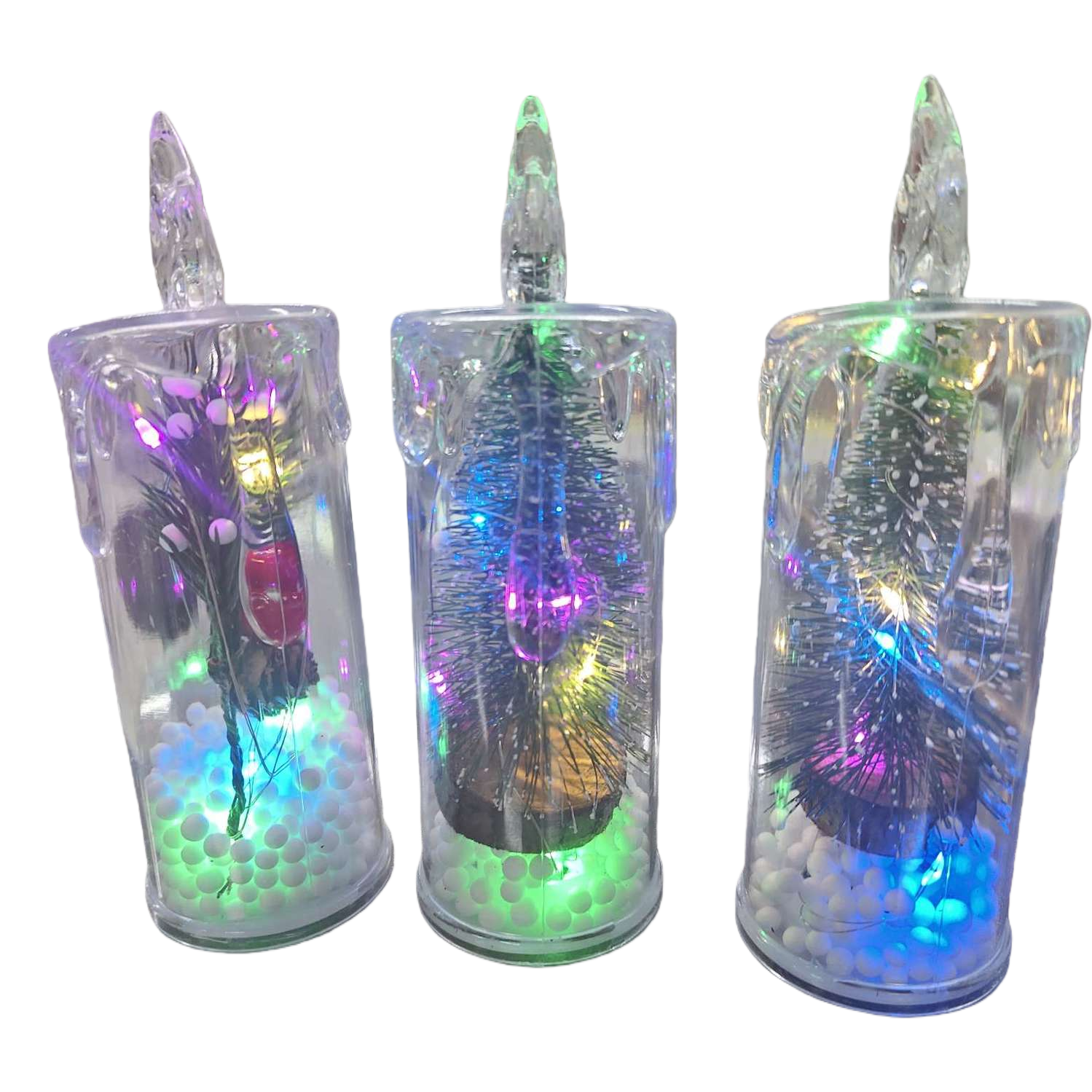 The transparent candle-shaped decorative lamp contains miniature Christmas tree lights and festive atmosphere lights Item Picture