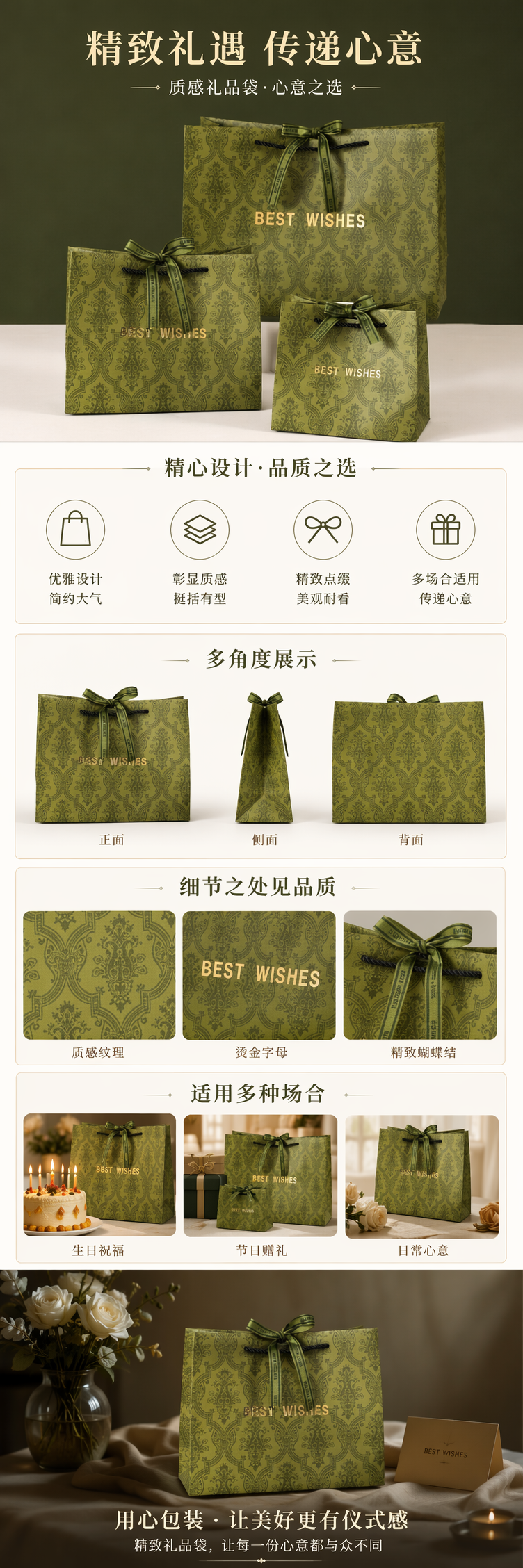 墨绿色花纹礼品袋带蝴蝶结丝带BEST WISHES字样详情1