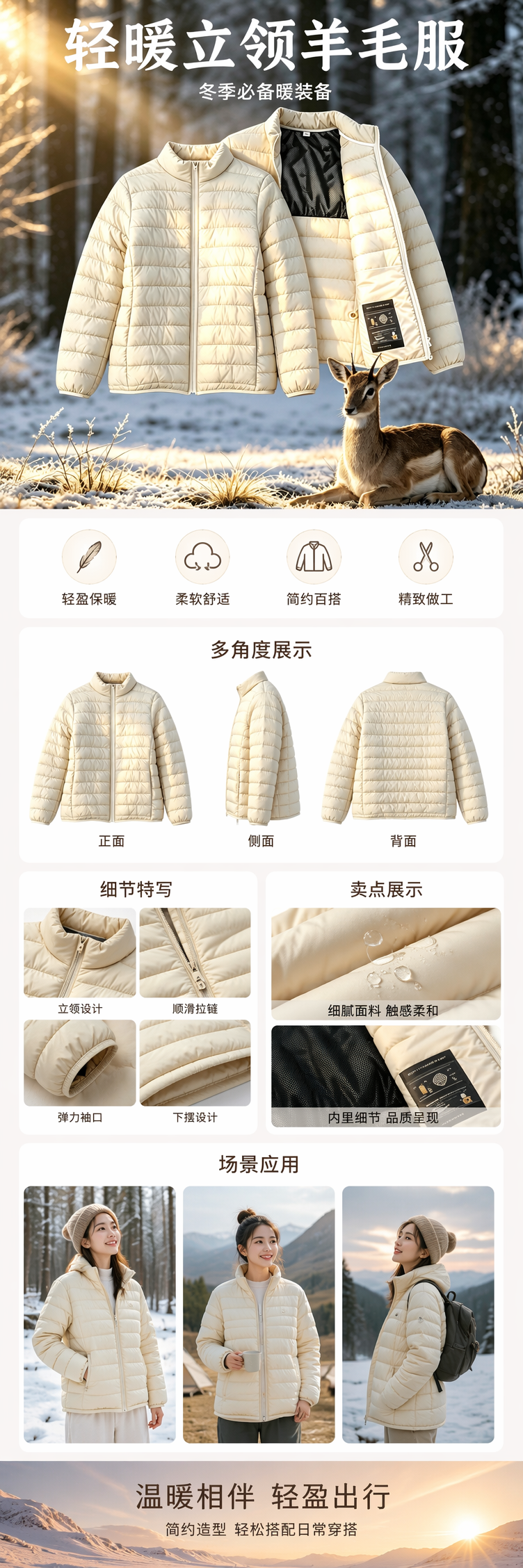 米白色轻暖立领羊毛羽绒服两件叠放雪林羚羊背景详情1