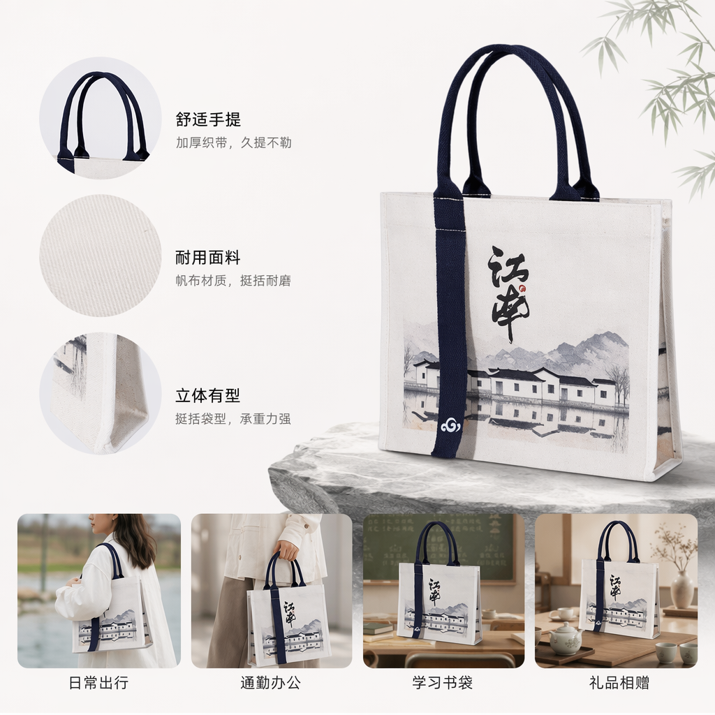 Ink-wash painting style Jiangnan calligraphy canvas handbag, white wall, black tile reflection, deep blue handle, three-dimensional shape