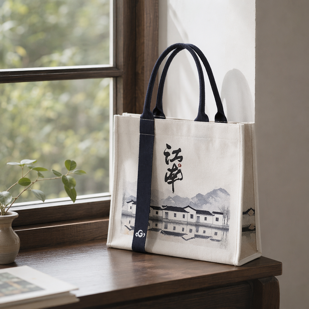Ink-wash painting style Jiangnan calligraphy canvas handbag, white wall, black tile reflection, deep blue handle, three-dimensional shape details Picture