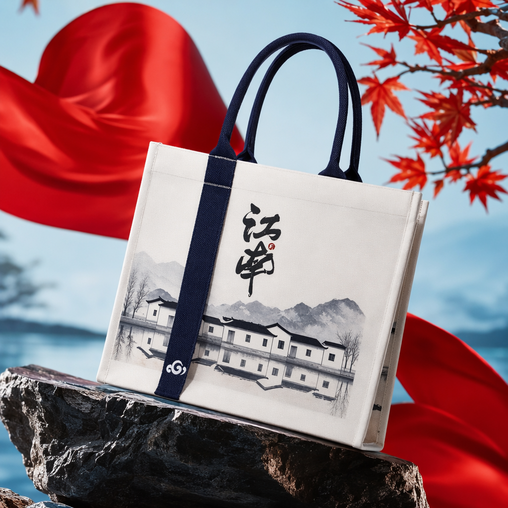 Ink-wash painting style Jiangnan calligraphy canvas handbag, white wall, black tile reflection, deep blue handle, three-dimensional shape Specification image