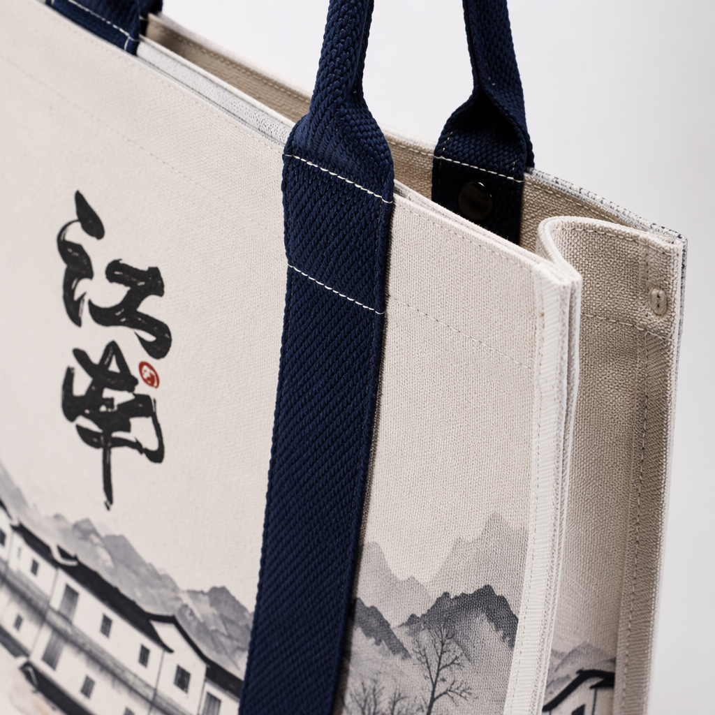 Ink-wash painting style Jiangnan calligraphy canvas handbag, white wall, black tile reflection, deep blue handle, three-dimensional shape Application Scenario