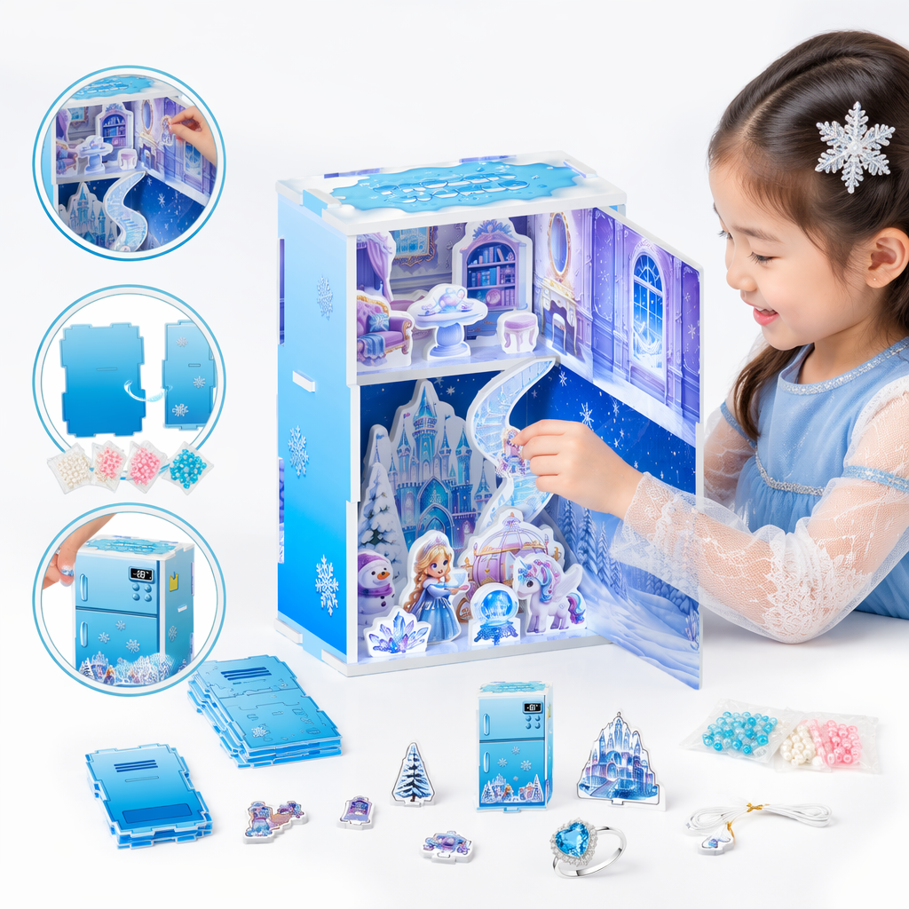 Azul hielo y nieve tema DIY juego de juguetes con cuentas contiene princesa unicornio castle house refrigerador elemento