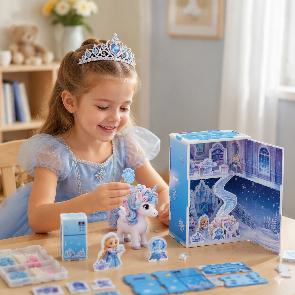Azul hielo y nieve tema DIY juego de juguetes con cuentas contiene princesa unicornio castle house refrigerador elemento details Picture