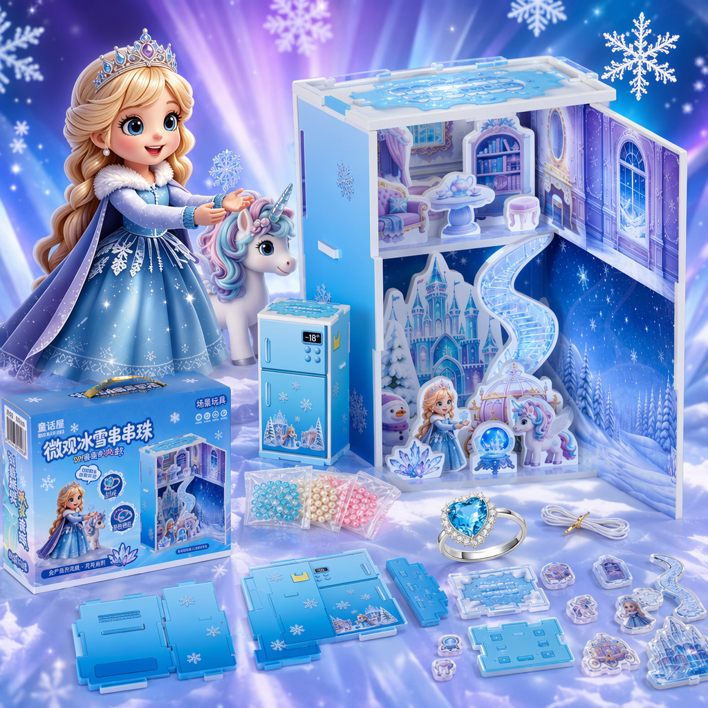 Azul hielo y nieve tema DIY juego de juguetes con cuentas contiene princesa unicornio castle house refrigerador elemento Specification image