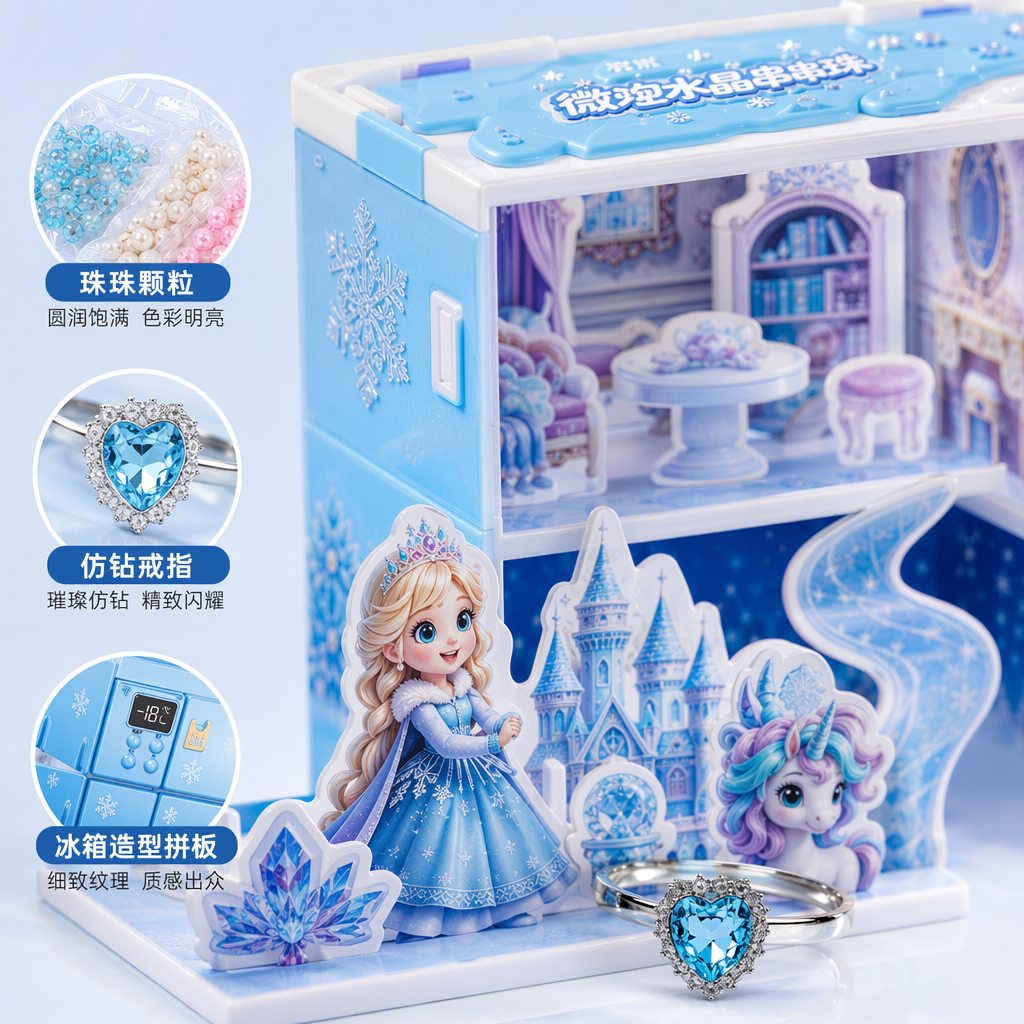 Azul hielo y nieve tema DIY juego de juguetes con cuentas contiene princesa unicornio castle house refrigerador elemento Application Scenario