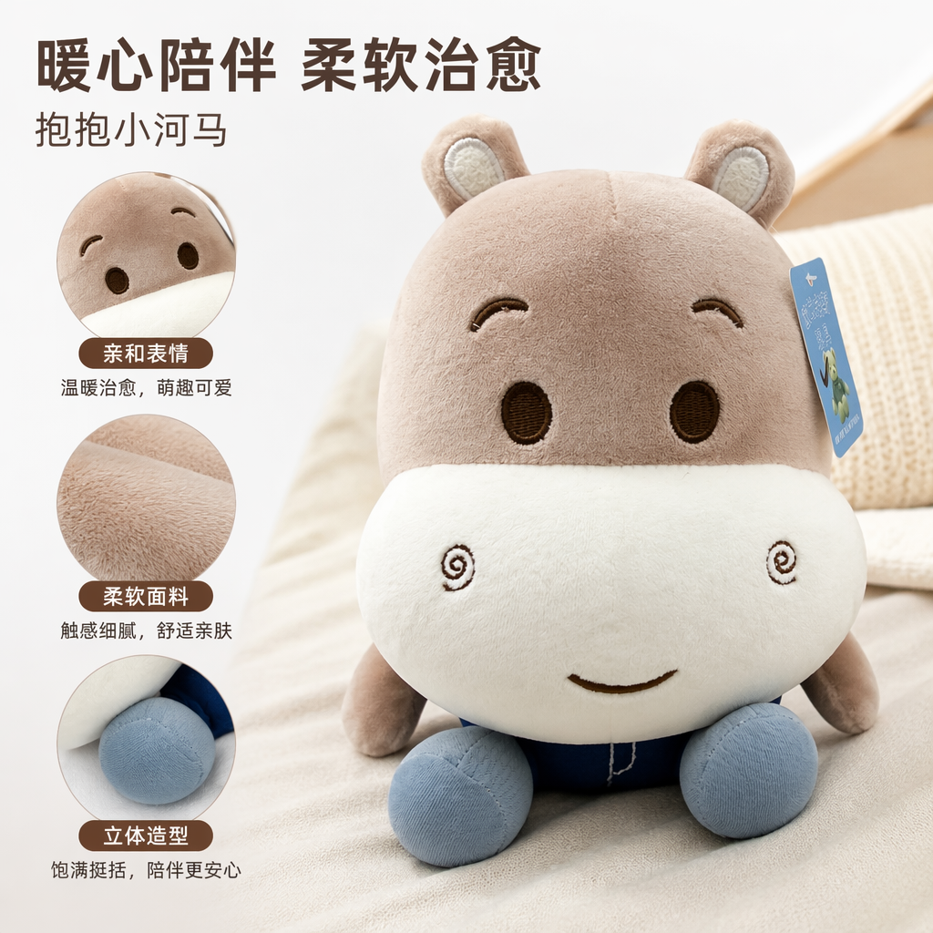 The pink and white patchwork plush toy has a blue label on the head