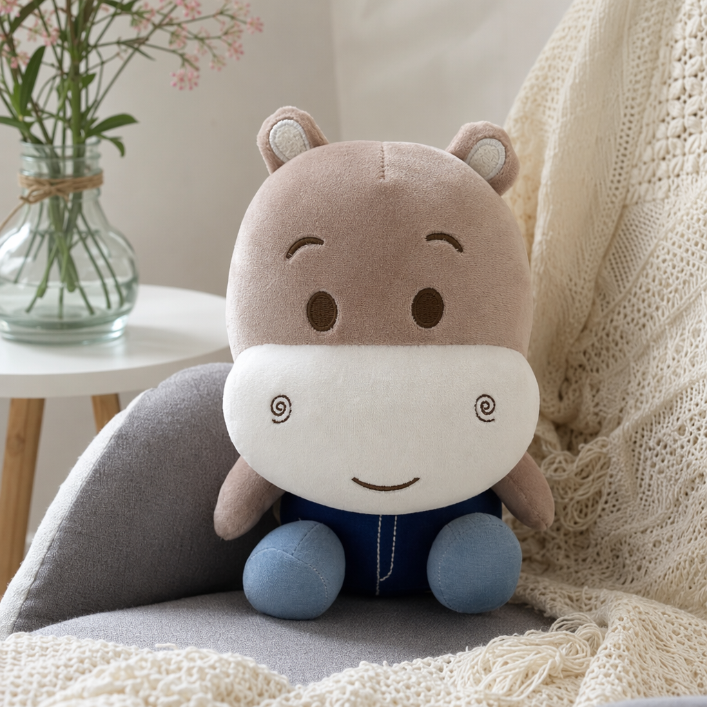 The pink and white patchwork plush toy has a blue label on the head details Picture