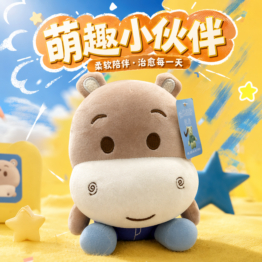 The pink and white patchwork plush toy has a blue label on the head Specification image