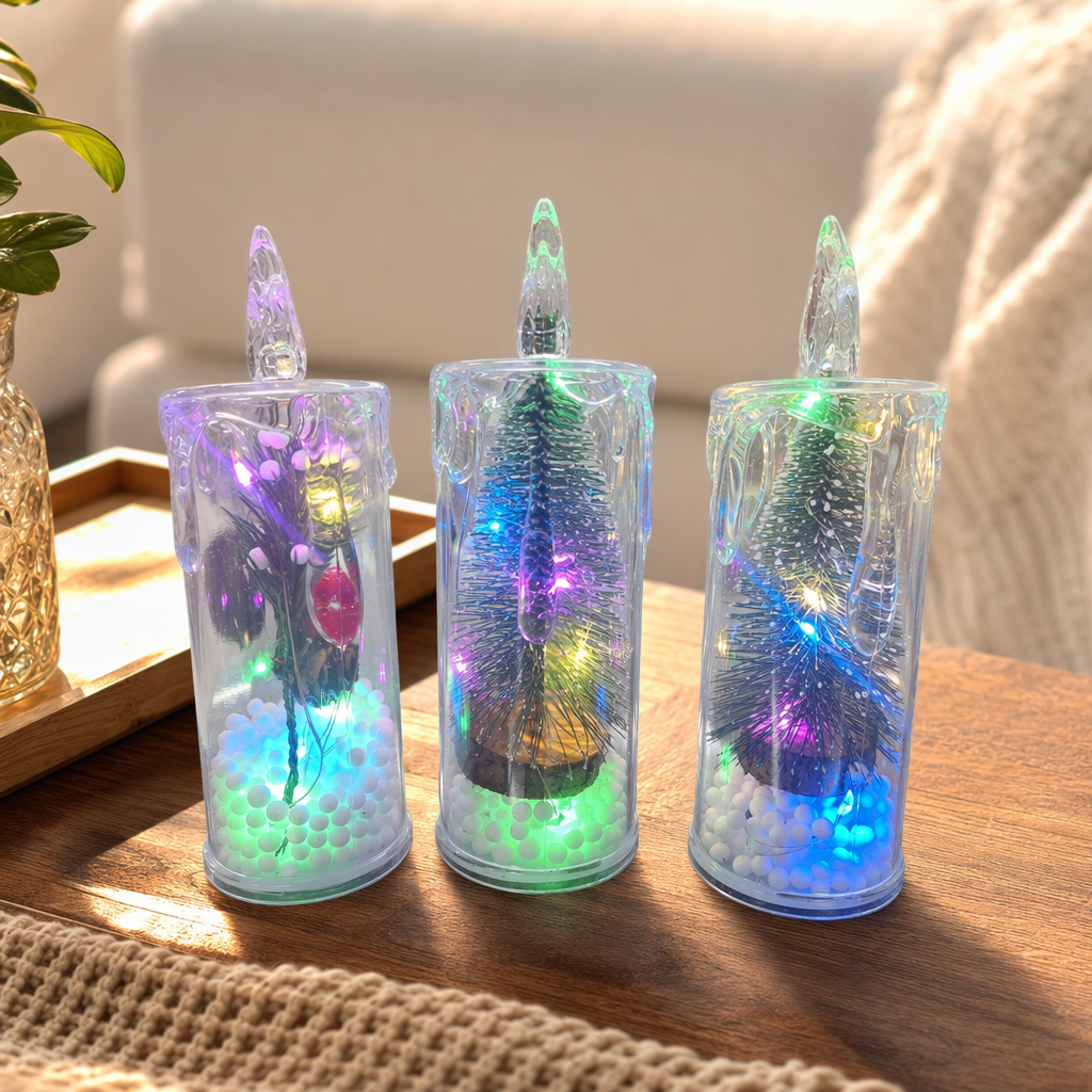 The transparent candle-shaped decorative lamp contains miniature Christmas tree lights and festive atmosphere lights details Picture