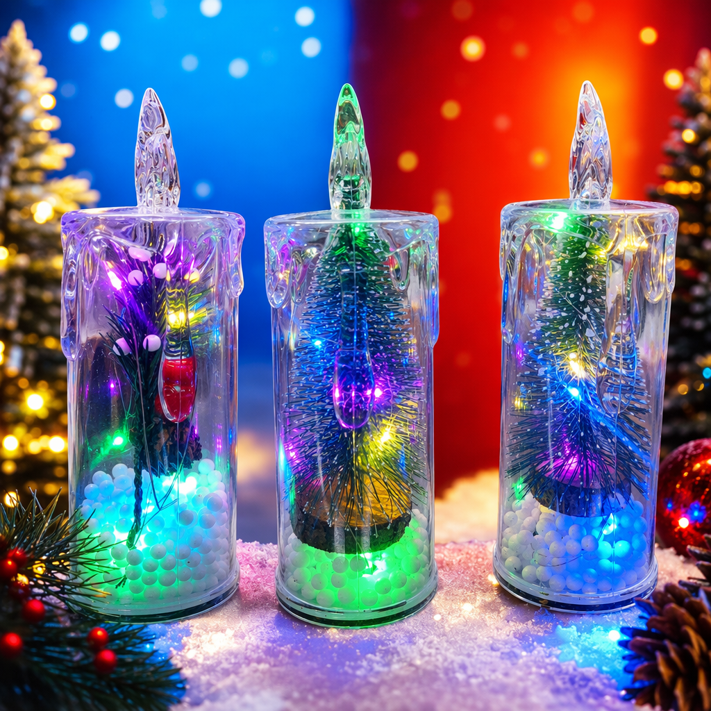 The transparent candle-shaped decorative lamp contains miniature Christmas tree lights and festive atmosphere lights Specification image