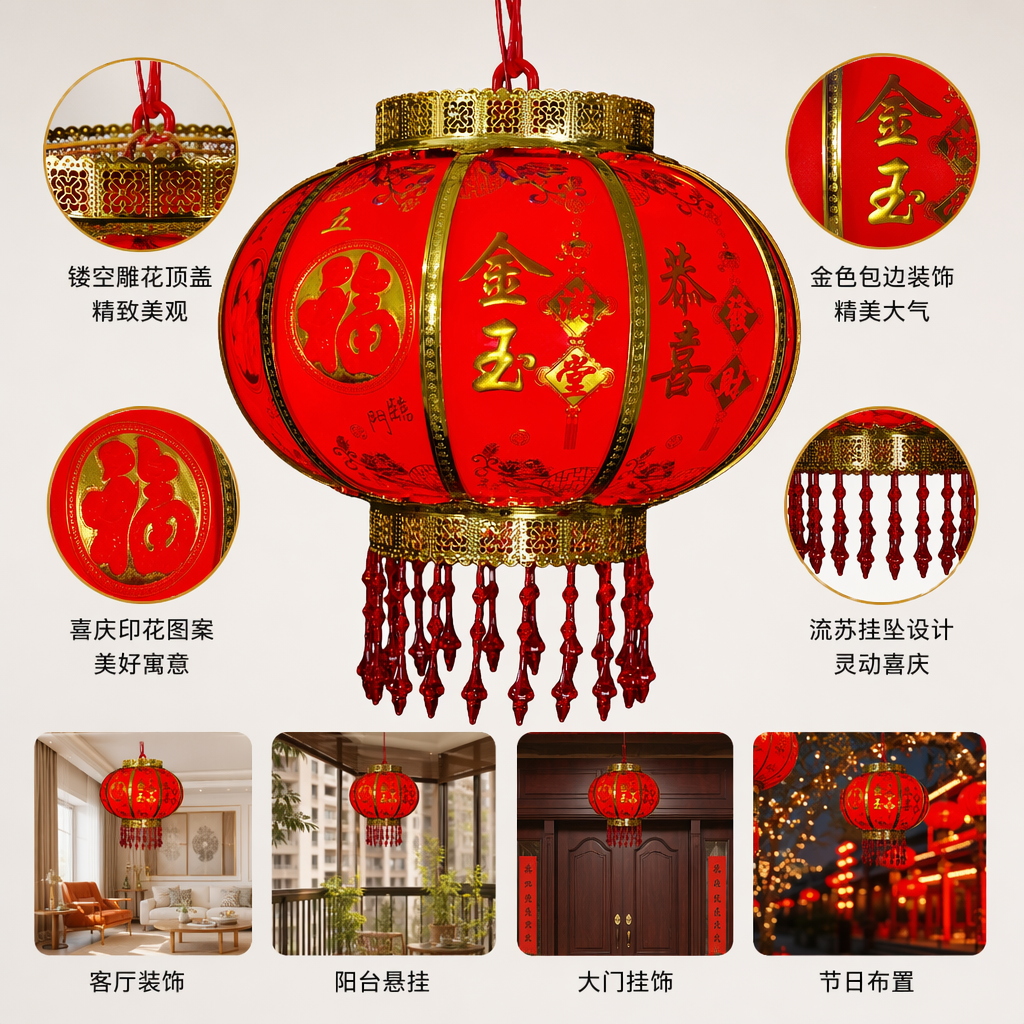 Red lanterns, hand-woven copper wire frames, are festive decorations for indoor living room hanging