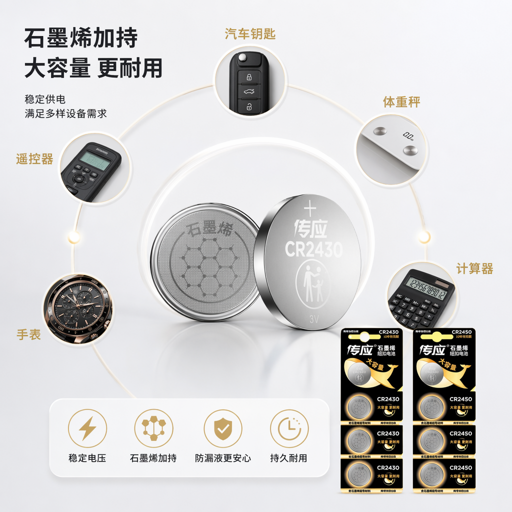 Yellow advertisement poster for CR2430 and CR2450 button batteries, including physical pictures, packaging card, free screwdriver, graphene structure, large capacity, more durable