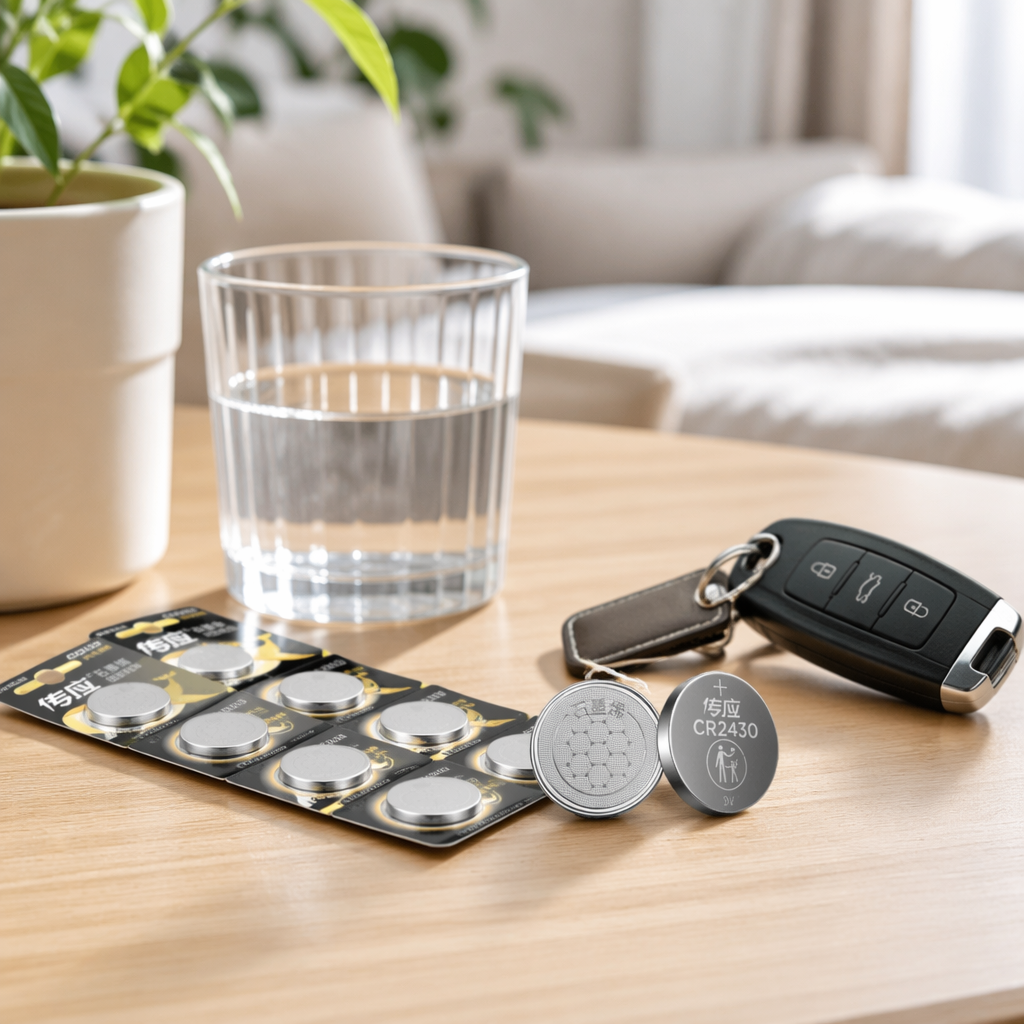 Yellow advertisement poster for CR2430 and CR2450 button batteries, including physical pictures, packaging card, free screwdriver, graphene structure, large capacity, more durable details Picture