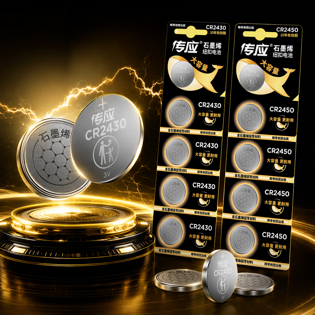 Yellow advertisement poster for CR2430 and CR2450 button batteries, including physical pictures, packaging card, free screwdriver, graphene structure, large capacity, more durable Specification image