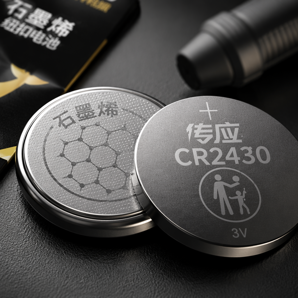 Yellow advertisement poster for CR2430 and CR2450 button batteries, including physical pictures, packaging card, free screwdriver, graphene structure, large capacity, more durable Application Scenario