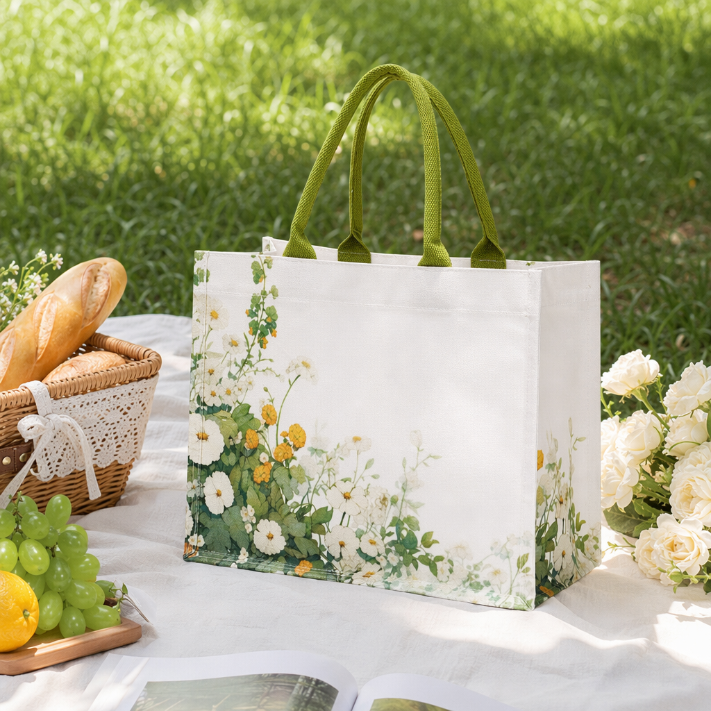 Bolsa de lona con asas verdes blanco naranja flores hojas verdes patrón Chamomile eslogan inglés details Picture