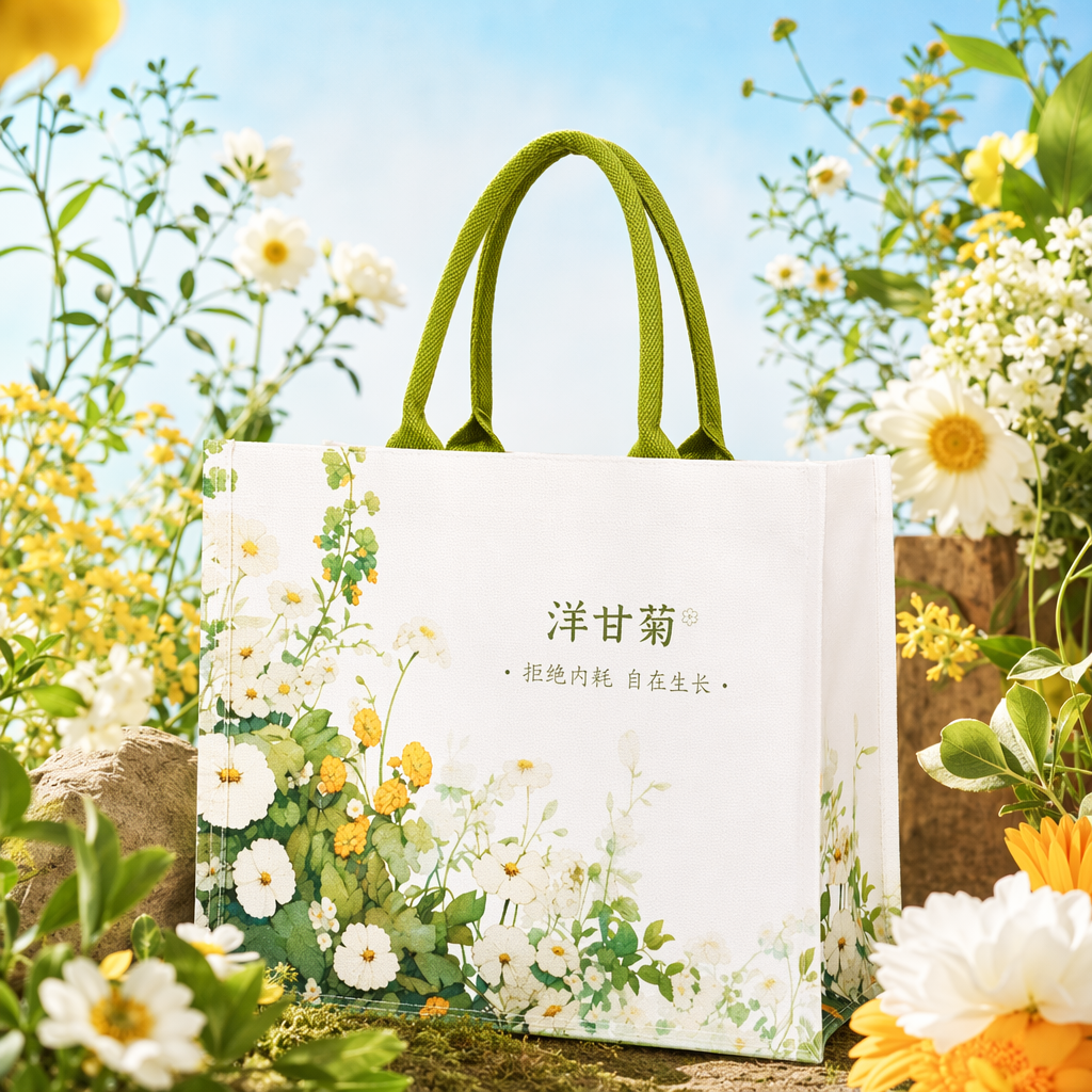 Bolsa de lona con asas verdes blanco naranja flores hojas verdes patrón Chamomile eslogan inglés Specification image