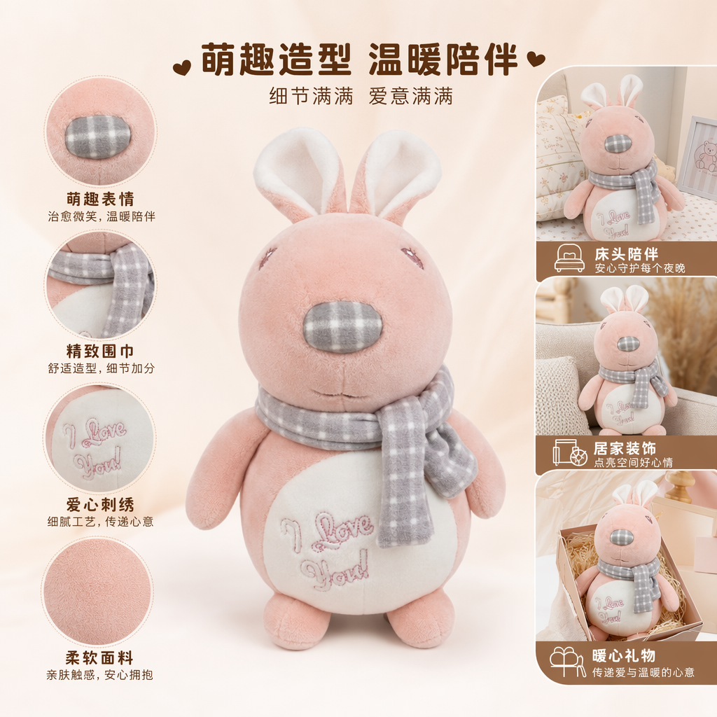 A cute pink rabbit plush doll, a stuffed pillow, and a plush toy as a gift for your girlfriend