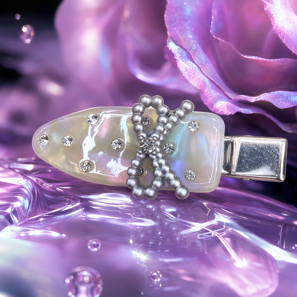 Silver beaded hair clips, mother-of-pearl oval rhinestones, bow, metal clips, red dates, HZ Korean version, handcrafted by a designer Specification image