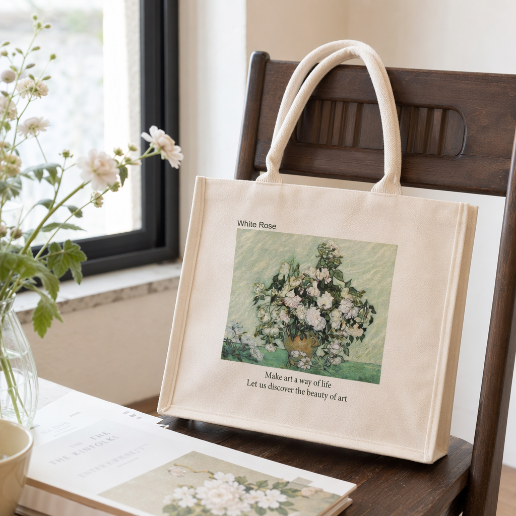 Off white canvas tote bag white rose óleo patrón simple arte bolso de hombro details Picture
