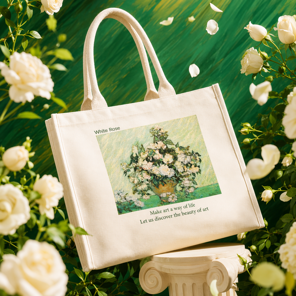Off white canvas tote bag white rose óleo patrón simple arte bolso de hombro Specification image