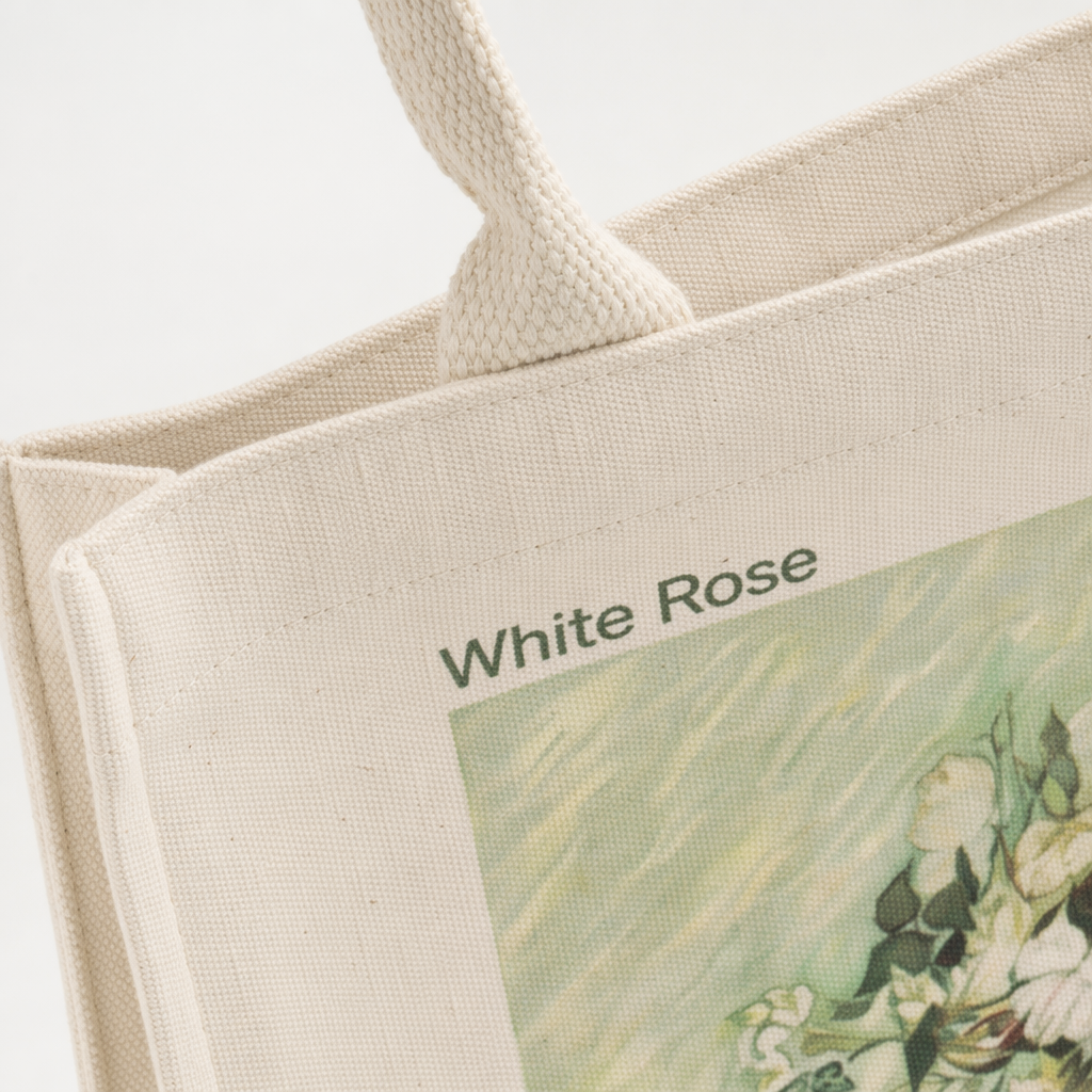 Off white canvas tote bag white rose óleo patrón simple arte bolso de hombro Application Scenario