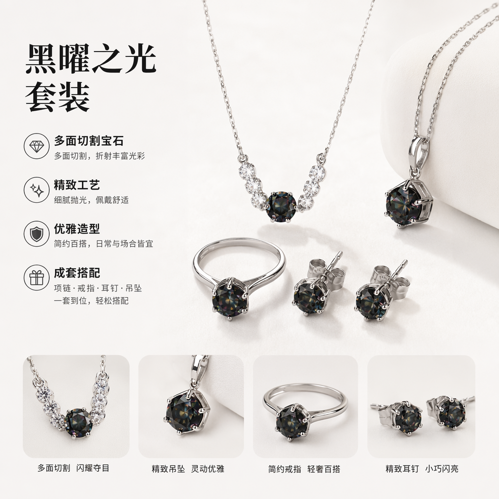 全银莫桑钻套装项链耳钉戒指手链四件套简约时尚