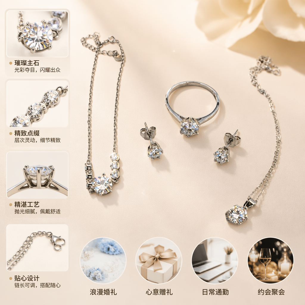 All-silver Moissan diamond jewelry set for women, simple and fashionable four-piece set of stud earrings, necklace, ring and bracelet
