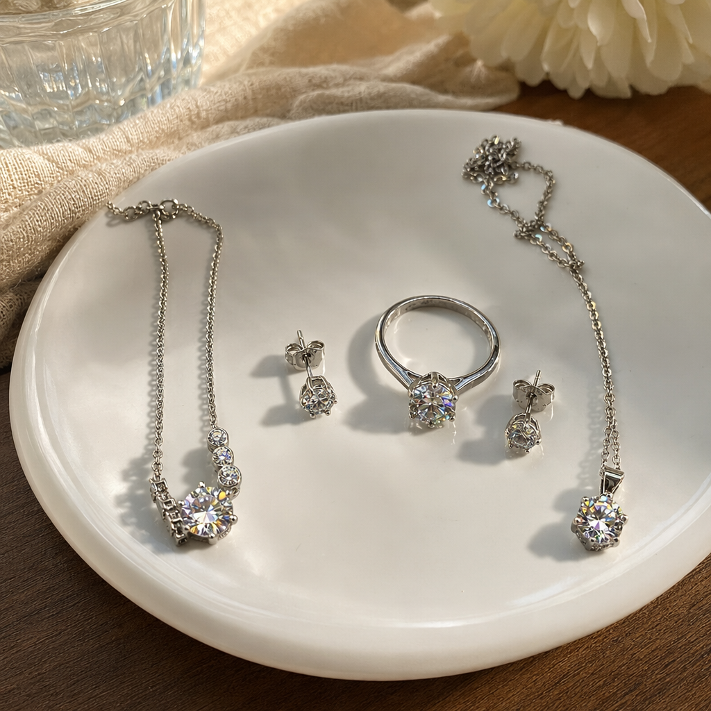 All-silver Moissan diamond jewelry set for women, simple and fashionable four-piece set of stud earrings, necklace, ring and bracelet details Picture