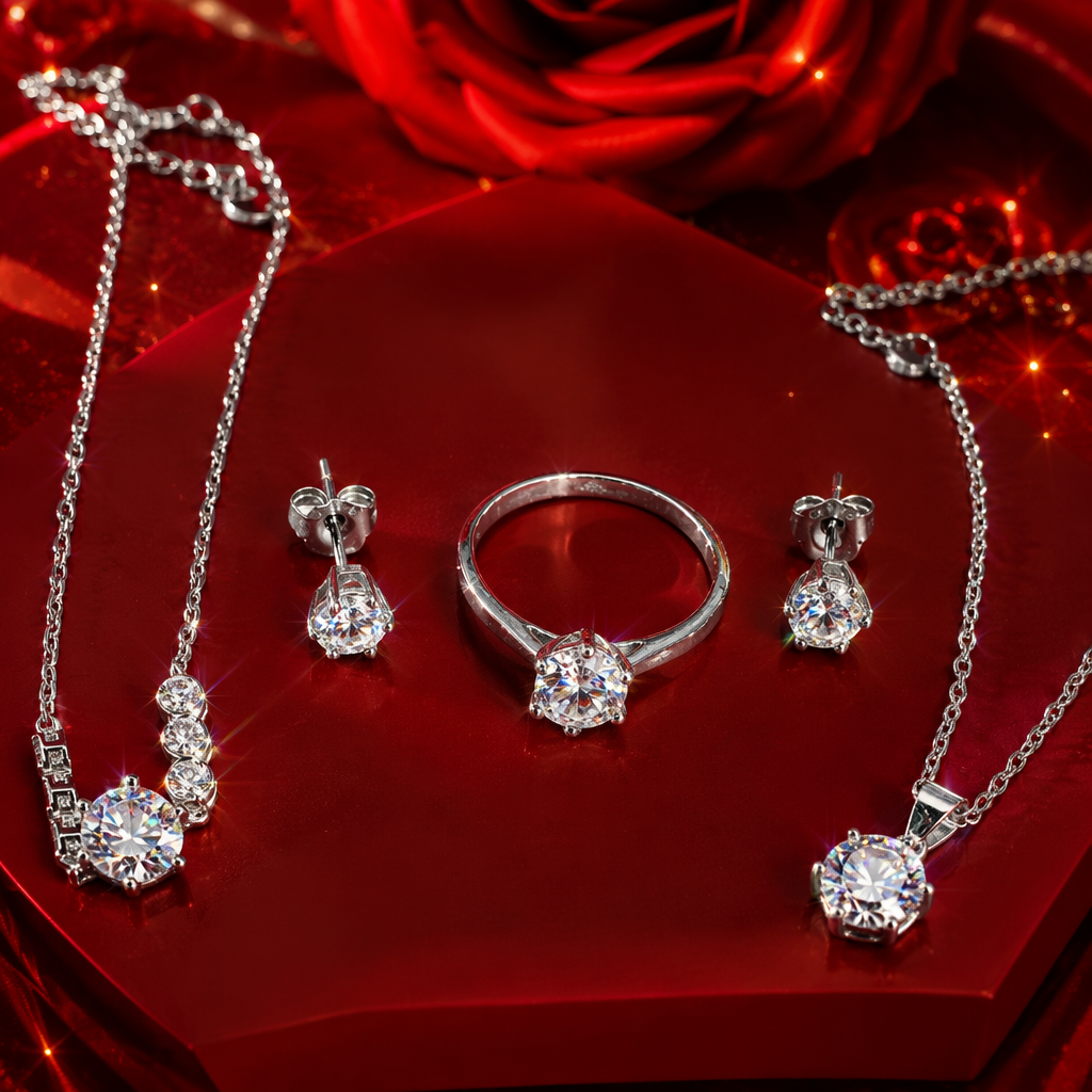 All-silver Moissan diamond jewelry set for women, simple and fashionable four-piece set of stud earrings, necklace, ring and bracelet Specification image