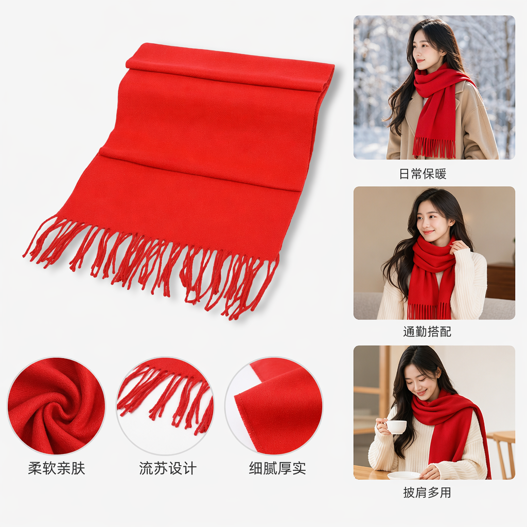 The red cashmere scarf is light and warm, a must-have for daily commutes in autumn and winter