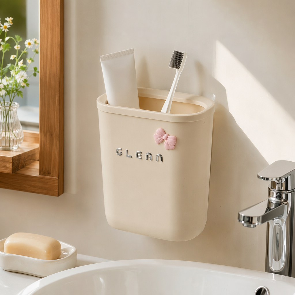 米色垃圾桶带粉色蝴蝶结CLEAN字样产品图