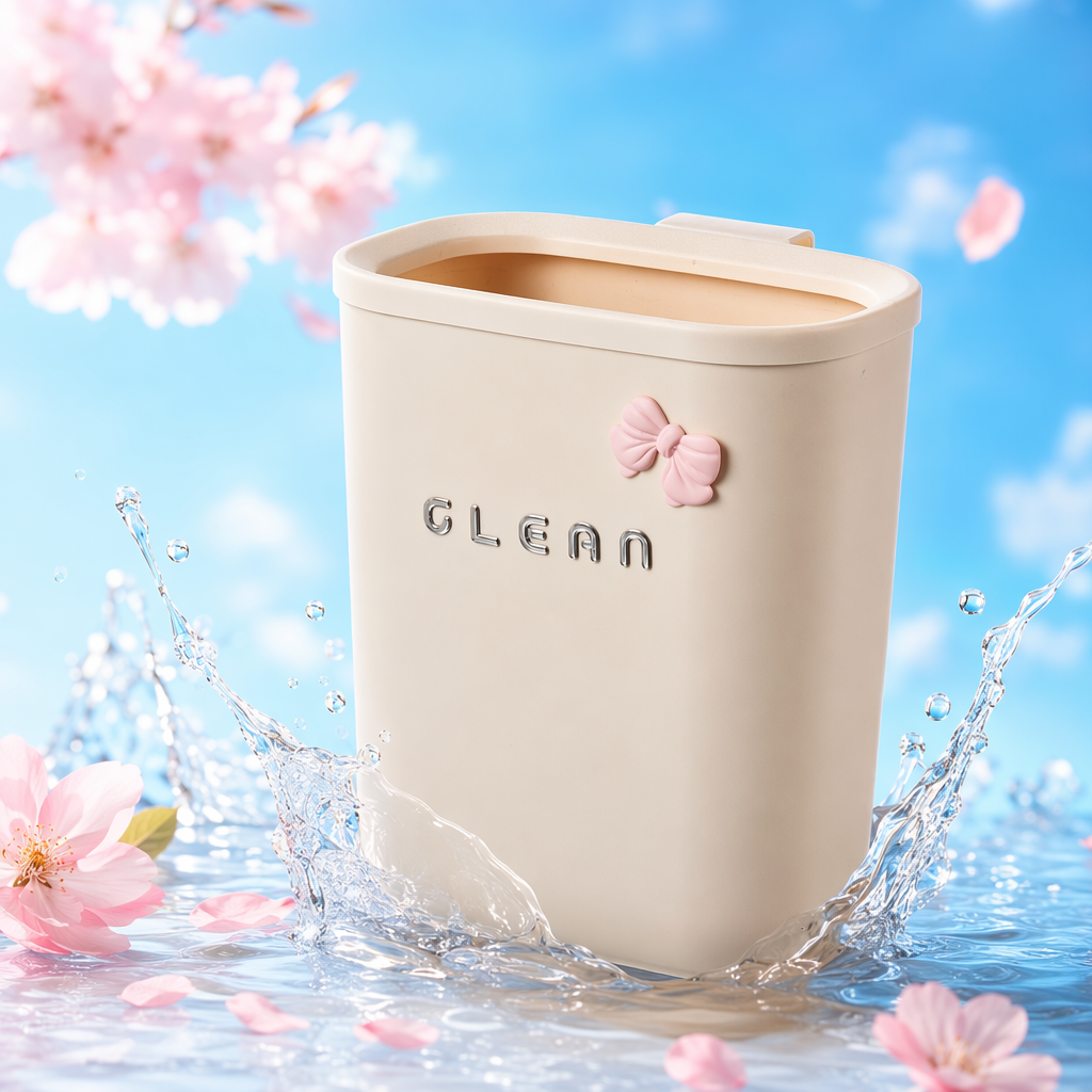 米色垃圾桶带粉色蝴蝶结CLEAN字样细节图